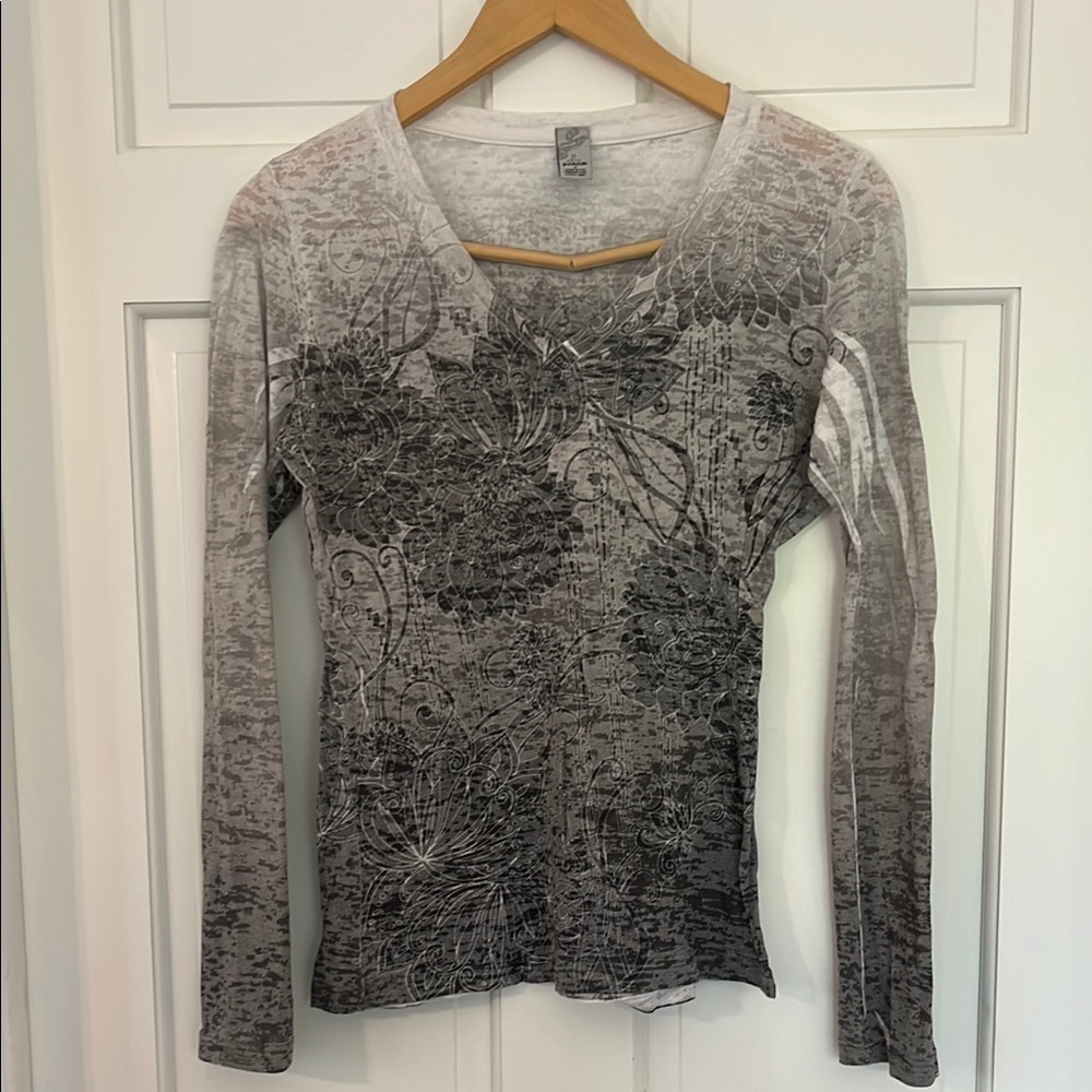 Prana Gray Long-Sleeve Floral Print Women's Top